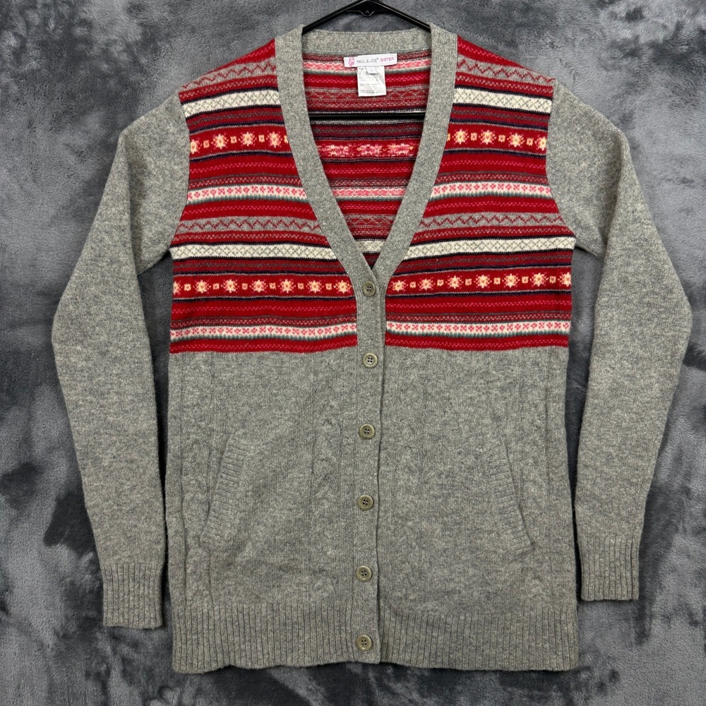 Paul & Joe Sister Cardigan Women 1 Grey Fair Isle Lambswool Button Front Sweater